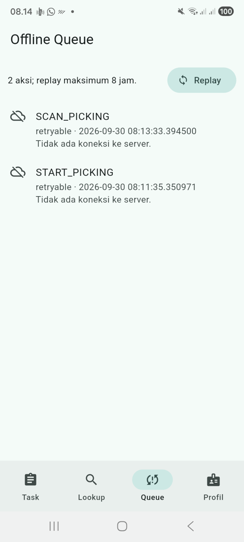 Offline Queue CoreOps Warehouse pada perangkat Android fisik dengan data sintetis.